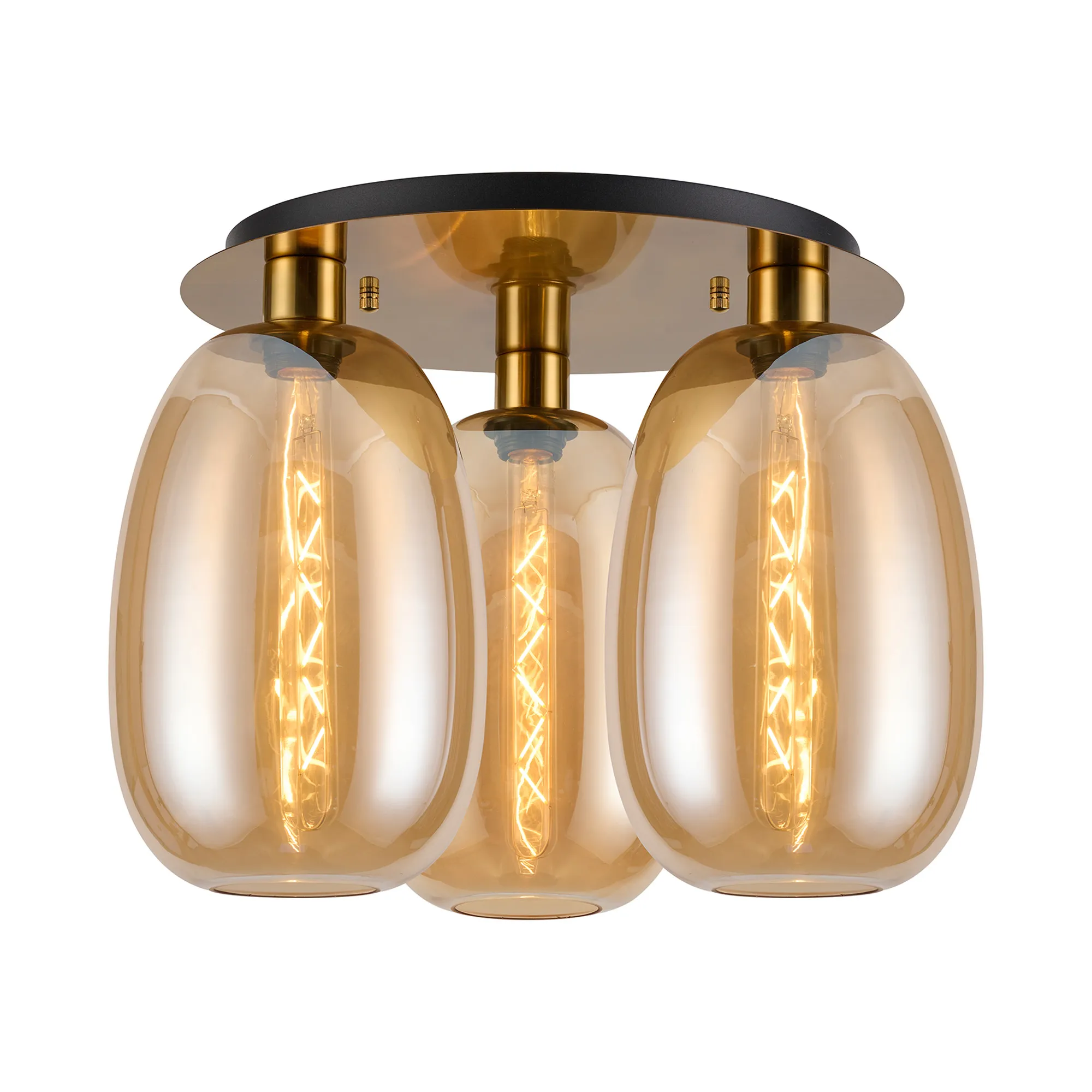 DK1244  Lori 40cm Round Ceiling Flush, 3 Light Flush Fitting, Antique Gold/Amber Slim Curved Trapezium Shades